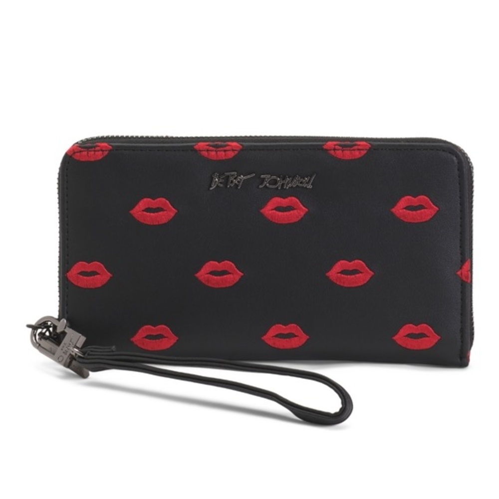 Betsey Johnson Lip Print Black wallet with removable Wristlet